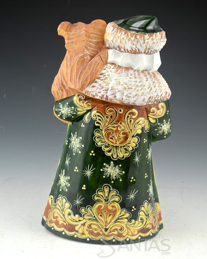 Emerald Green and Gold Carved Russian Santa Holding a Bear