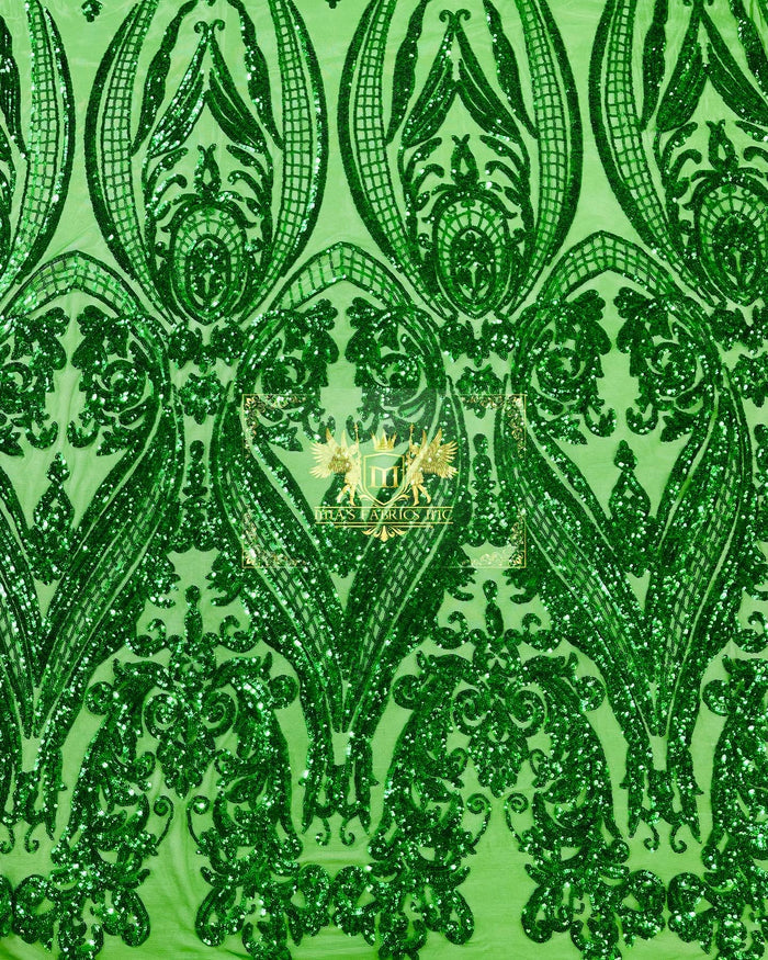 Emerald Green Sequin Fabric on a Mesh 4 Way Stretch Sequins Fabric Sold By The Yard