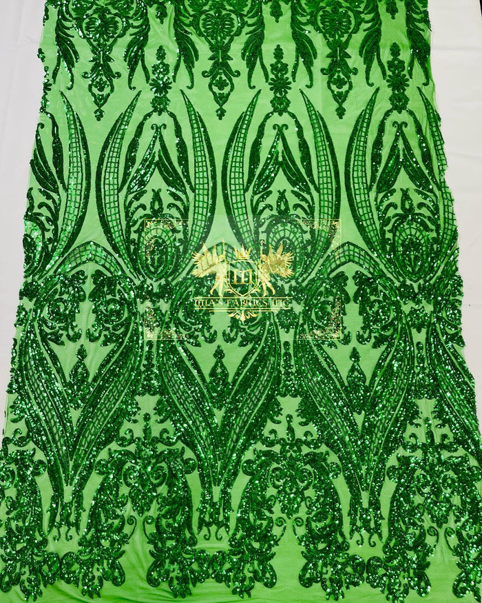 Emerald Green Sequin Fabric on a Mesh 4 Way Stretch Sequins Fabric Sold By The Yard