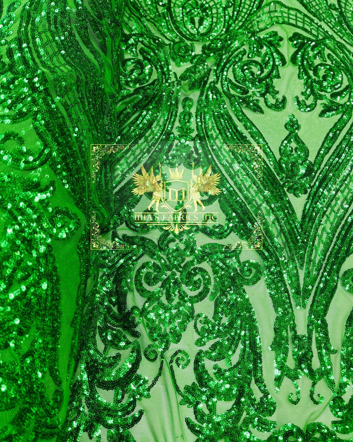 Emerald Green Sequin Fabric on a Mesh 4 Way Stretch Sequins Fabric Sold By The Yard