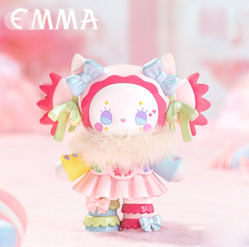 Emma Dopamine of Love Blind Box Series figure with heart accents, sparkly eyes, pigtails, fluffy collar, and ruffled skirt, embodying a kawaii collectible aesthetic.