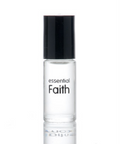 Fragrance bottle with black cap and clear body, 'essential Faith' label.