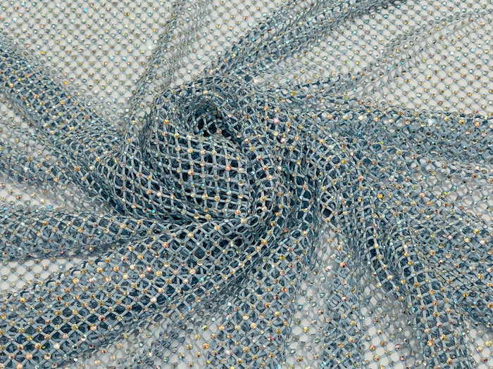 Fishnet Iridescent Rhinestones Fabric - Baby Blue - Spandex Fabric Fish Net with Crystal Stones by Yard