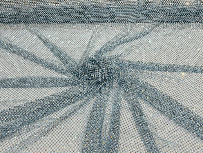 Fishnet Iridescent Rhinestones Fabric - Baby Blue - Spandex Fabric Fish Net with Crystal Stones by Yard