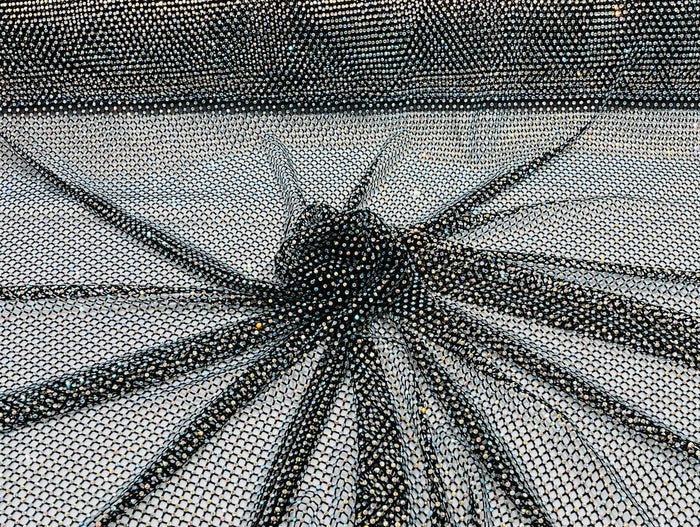 Fishnet Iridescent Rhinestones Fabric - Black - Spandex Fabric Fish Net with Crystal Stones by Yard