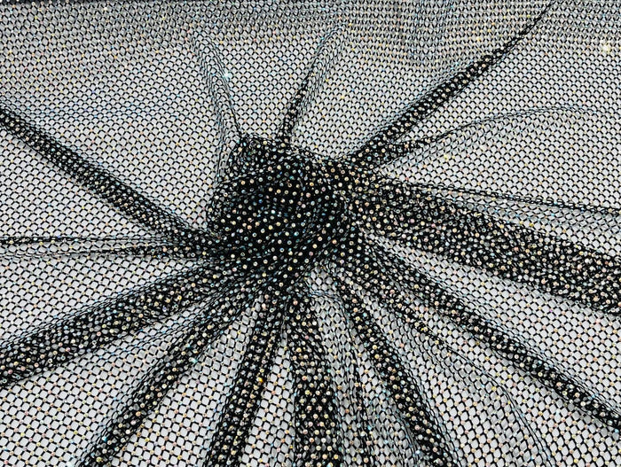Fishnet Iridescent Rhinestones Fabric - Black - Spandex Fabric Fish Net with Crystal Stones by Yard