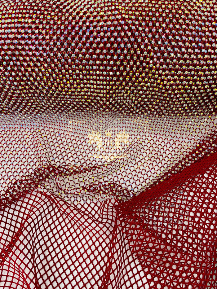 Fishnet Iridescent Rhinestones Fabric - Burgundy - Spandex Fabric Fish Net with Crystal Stones by Yard