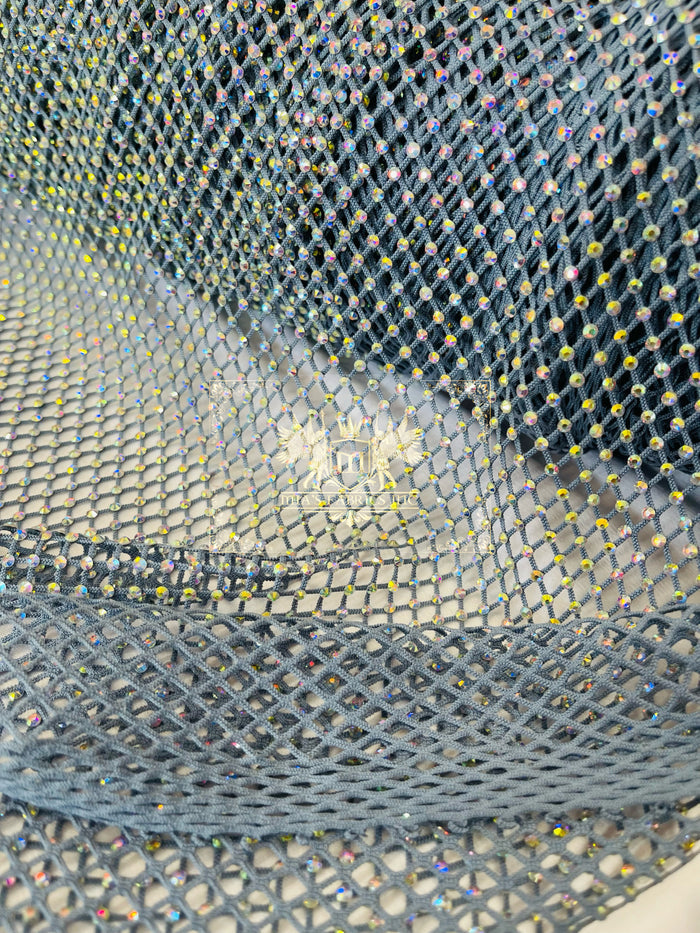 Fishnet Iridescent Rhinestones Fabric - Gray - Spandex Fabric Fish Net with Crystal Stones by Yard