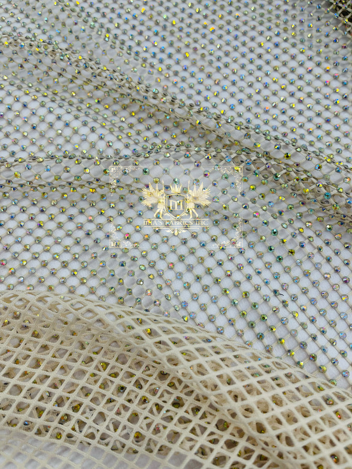 Fishnet Iridescent Rhinestones Fabric - Ivory - Spandex Fabric Fish Net with Crystal Stones by Yard