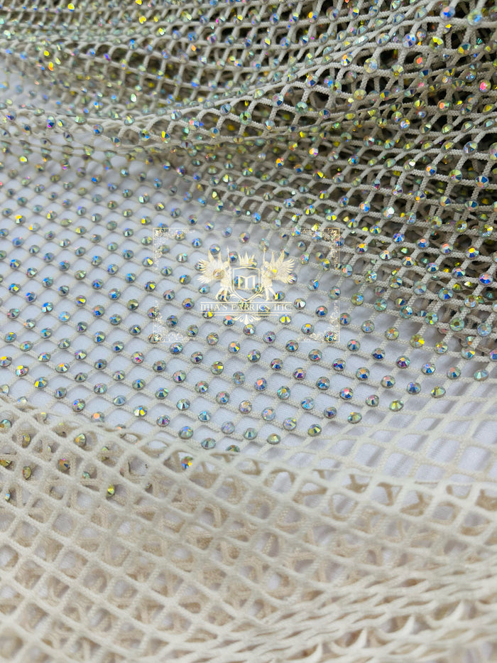 Fishnet Iridescent Rhinestones Fabric - Ivory - Spandex Fabric Fish Net with Crystal Stones by Yard