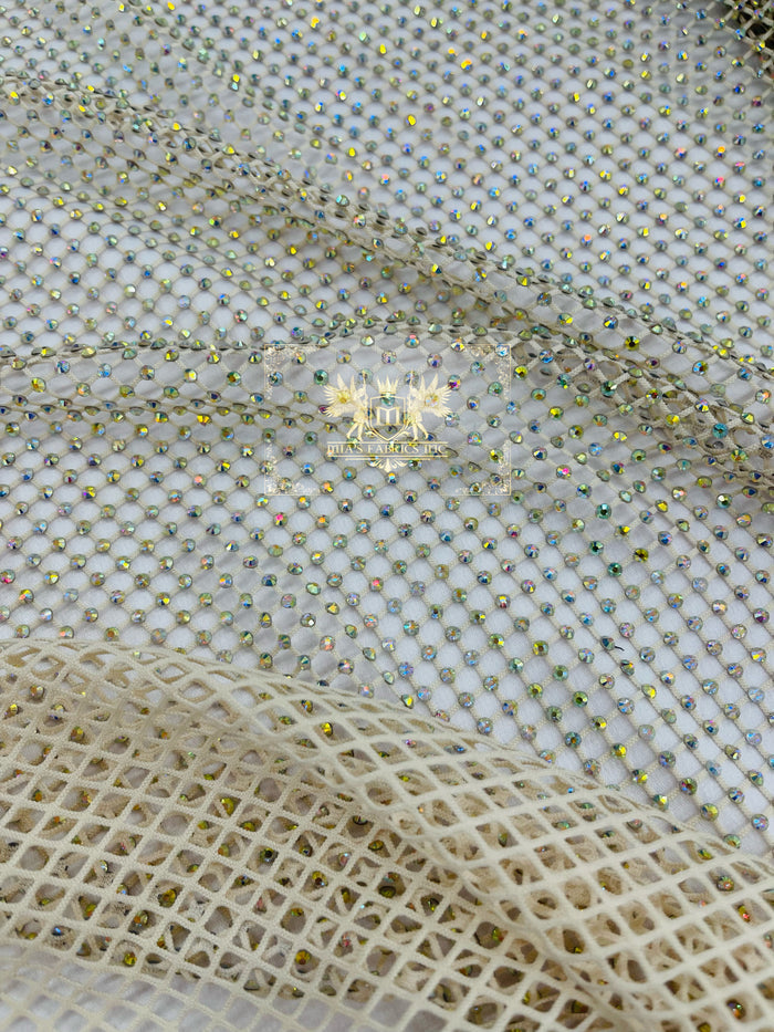 Fishnet Iridescent Rhinestones Fabric - Ivory - Spandex Fabric Fish Net with Crystal Stones by Yard