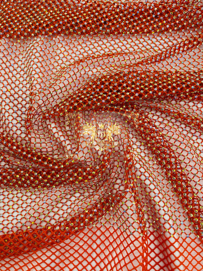 Fishnet Iridescent Rhinestones Fabric - Orange - Spandex Fabric Fish Net with Crystal Stones by Yard