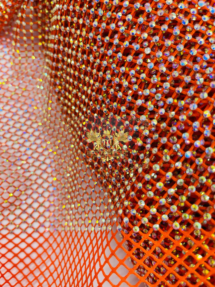 Fishnet Iridescent Rhinestones Fabric - Orange - Spandex Fabric Fish Net with Crystal Stones by Yard