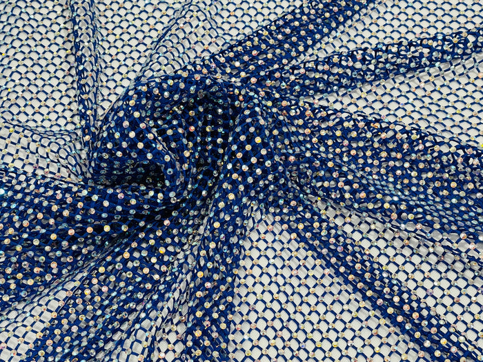 Fishnet Iridescent Rhinestones Fabric - Royal Blue - Spandex Fabric Fish Net with Crystal Stones by Yard