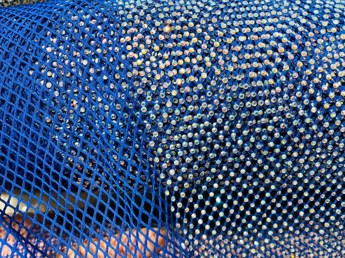 Fishnet Iridescent Rhinestones Fabric - Royal Blue - Spandex Fabric Fish Net with Crystal Stones by Yard