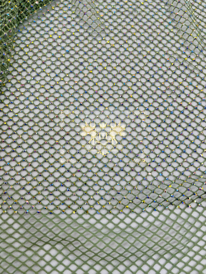 Fishnet Iridescent Rhinestones Fabric - Sage - Spandex Fabric Fish Net with Crystal Stones by Yard