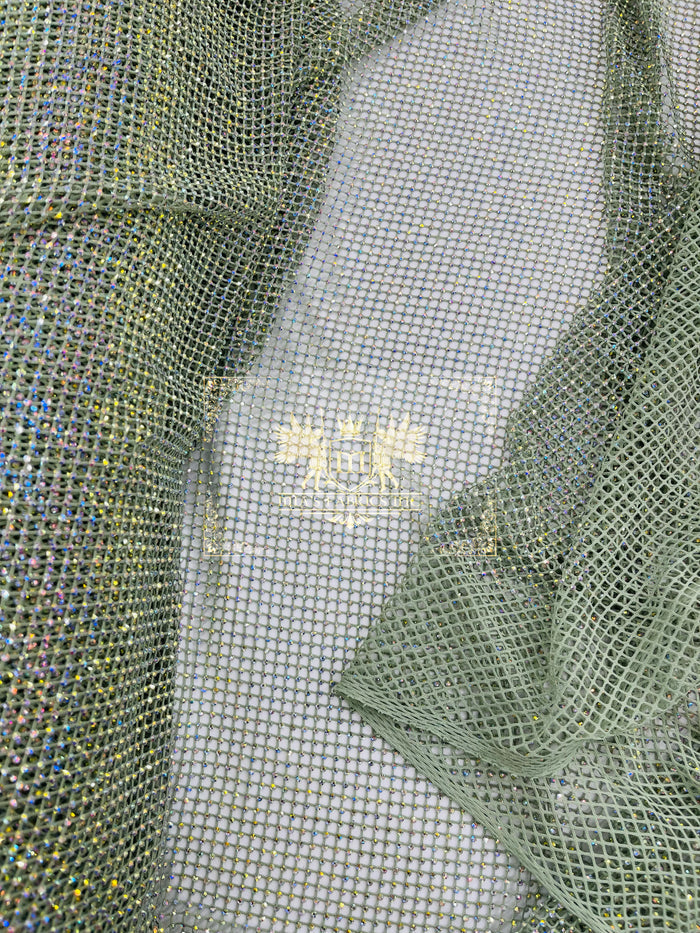 Fishnet Iridescent Rhinestones Fabric - Sage - Spandex Fabric Fish Net with Crystal Stones by Yard
