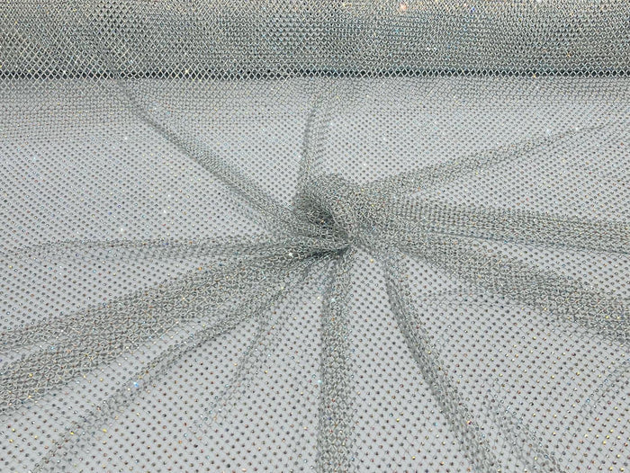 Fishnet Iridescent Rhinestones Fabric - White - Spandex Fabric Fish Net with Crystal Stones by Yard