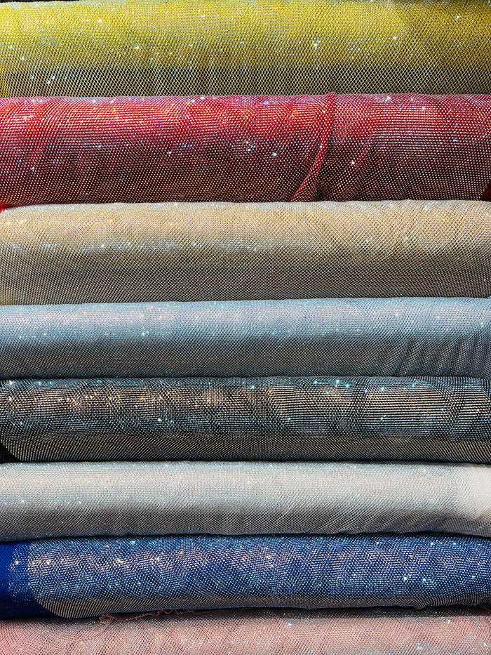 Fishnet Iridescent Rhinestones Fabric - White - Spandex Fabric Fish Net with Crystal Stones by Yard