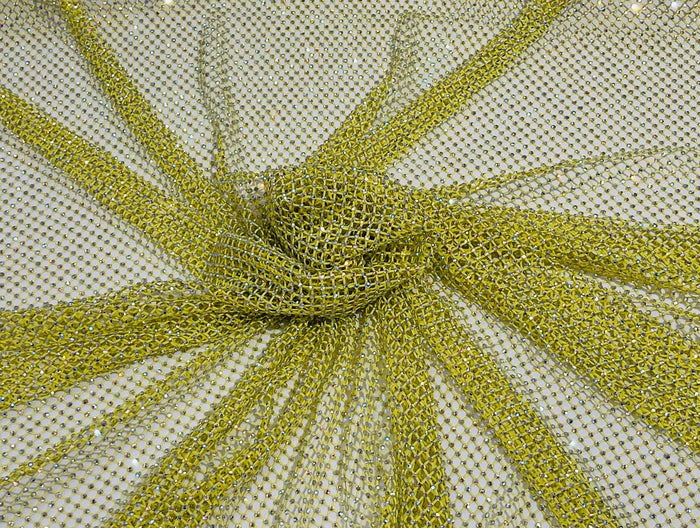 Fishnet Iridescent Rhinestones Fabric - Yellow - Spandex Fabric Fish Net with Crystal Stones by Yard