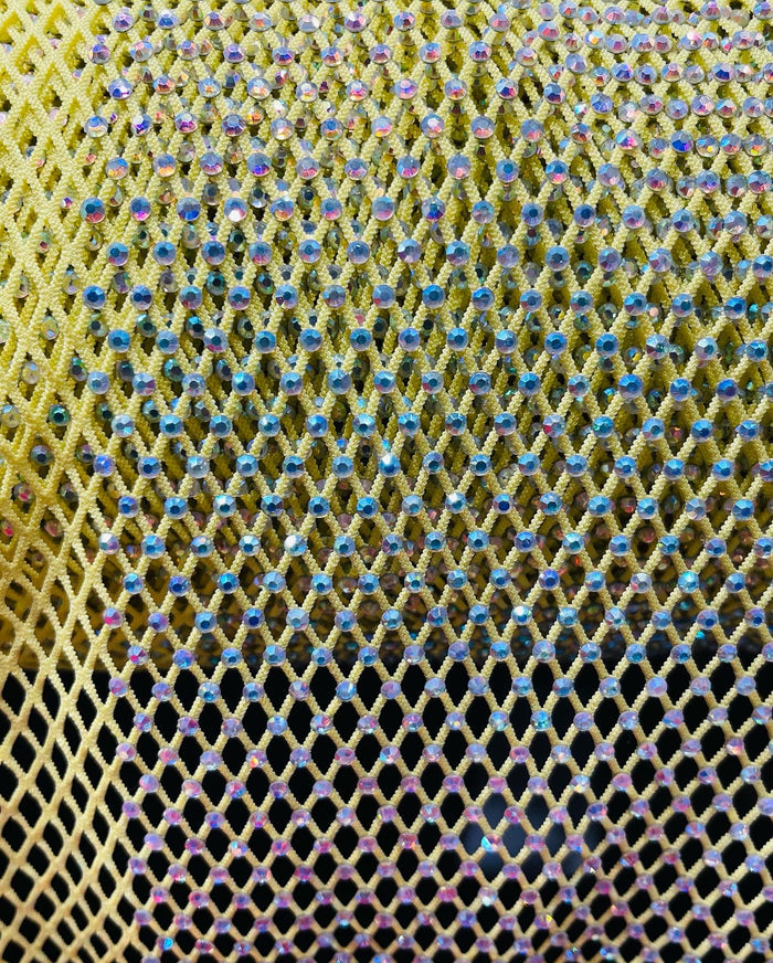 Fishnet Iridescent Rhinestones Fabric - Yellow - Spandex Fabric Fish Net with Crystal Stones by Yard