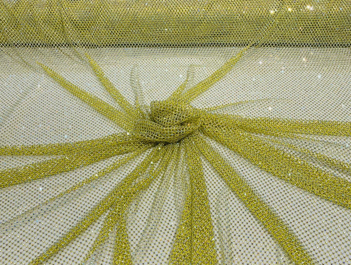 Fishnet Iridescent Rhinestones Fabric - Yellow - Spandex Fabric Fish Net with Crystal Stones by Yard