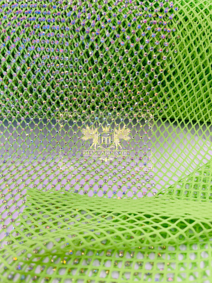 Fishnet Rhinestones Fabric - Lime Green - Spandex Fabric Fish Net with Crystal Stones by Yard