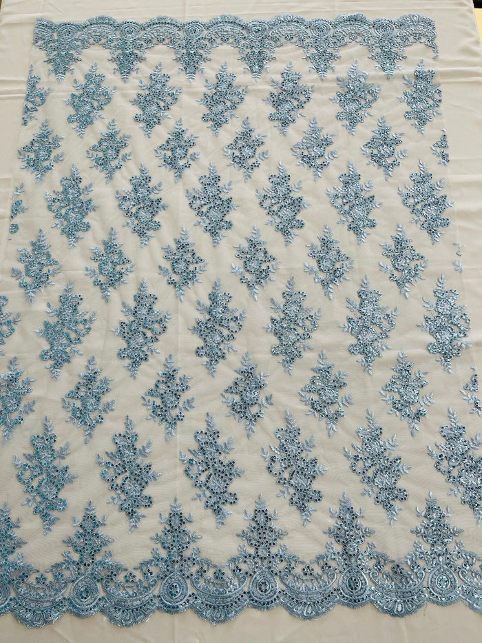 Floral Bridal Lace - Baby Blue - Flower Damask Design Embroidered on Mesh Lace Fabric