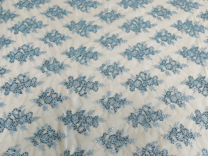 Floral Bridal Lace - Baby Blue - Flower Damask Design Embroidered on Mesh Lace Fabric