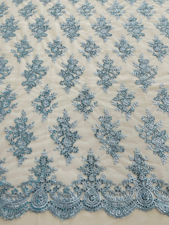 Floral Bridal Lace - Baby Blue - Flower Damask Design Embroidered on Mesh Lace Fabric