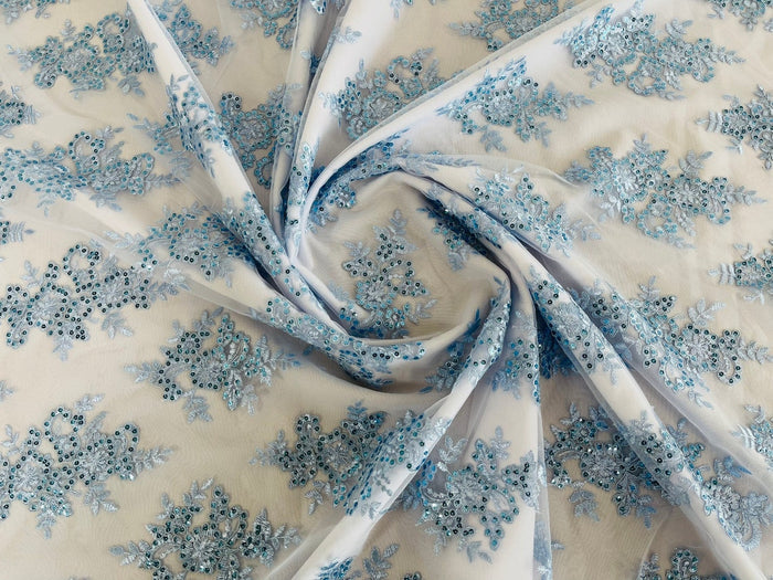 Floral Bridal Lace - Baby Blue - Flower Damask Design Embroidered on Mesh Lace Fabric