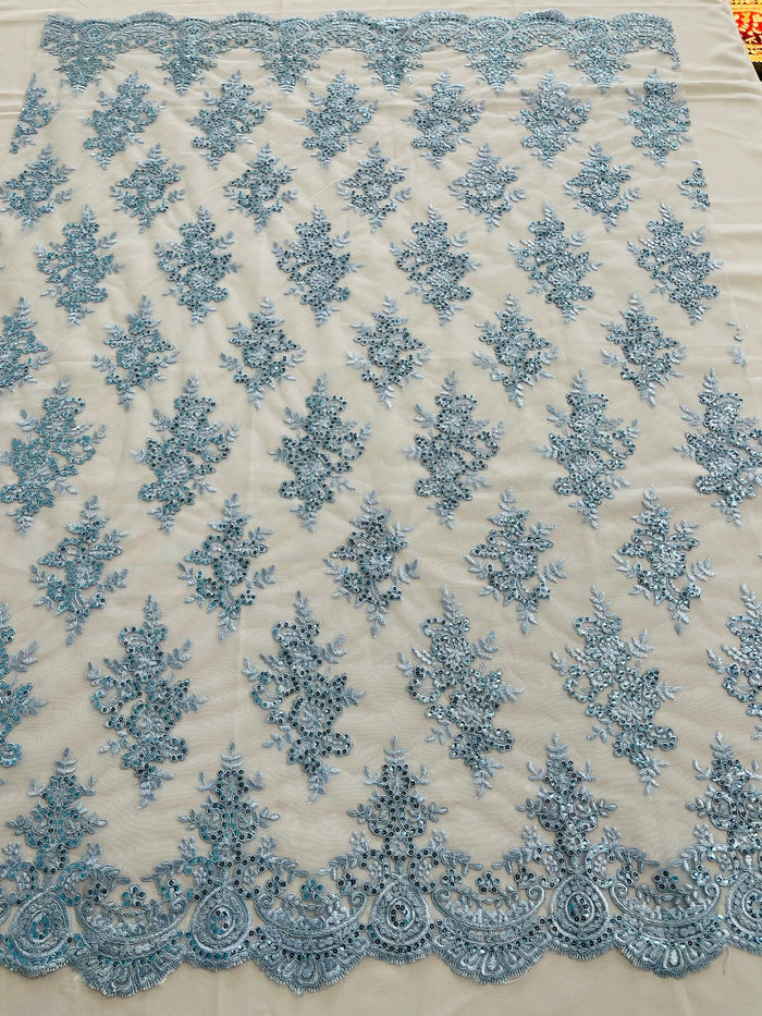 Floral Bridal Lace - Baby Blue - Flower Damask Design Embroidered on Mesh Lace Fabric