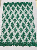 Floral Bridal Lace - Hunter Green - Flower Damask Design Embroidered on Mesh Lace Fabric