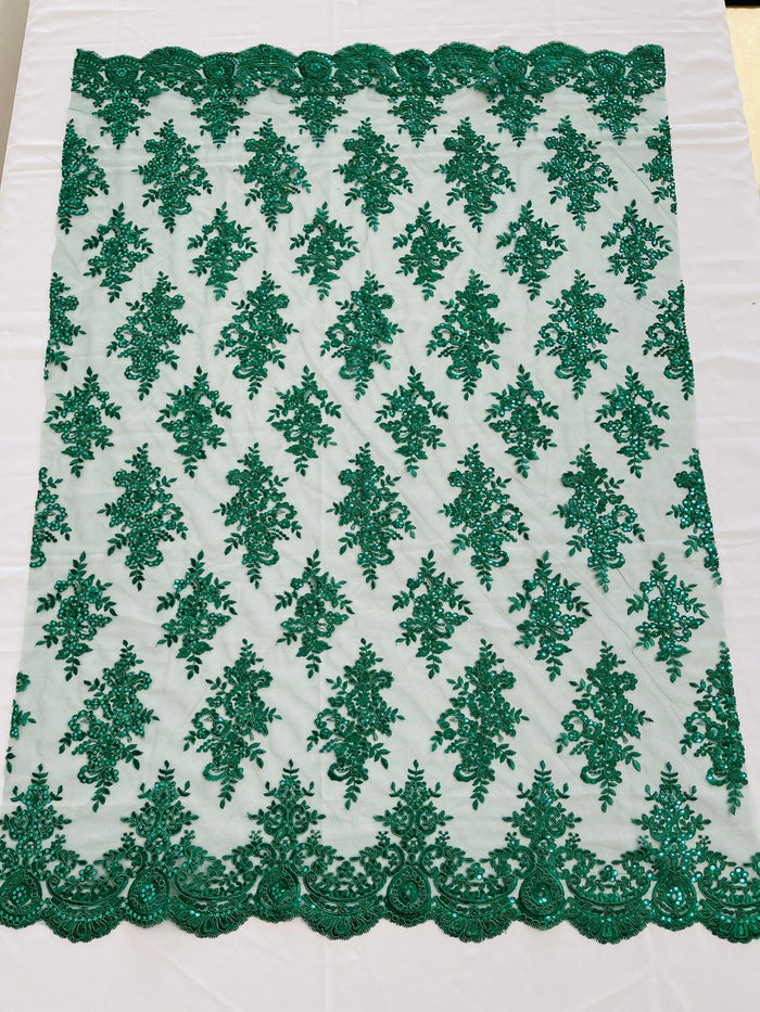 Floral Bridal Lace - Hunter Green - Flower Damask Design Embroidered on Mesh Lace Fabric