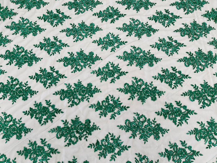 Floral Bridal Lace - Hunter Green - Flower Damask Design Embroidered on Mesh Lace Fabric