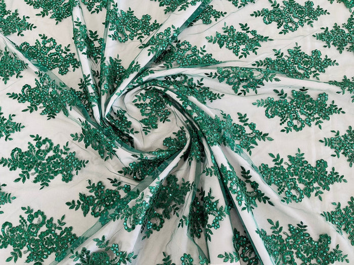 Floral Bridal Lace - Hunter Green - Flower Damask Design Embroidered on Mesh Lace Fabric