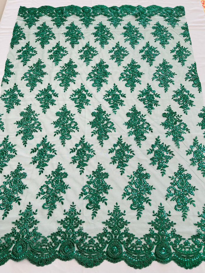 Floral Bridal Lace - Hunter Green - Flower Damask Design Embroidered on Mesh Lace Fabric