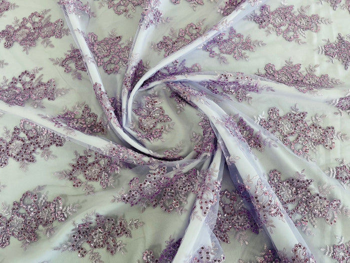 Floral Bridal Lace - Lilac - Flower Damask Design Embroidered on Mesh Lace Fabric