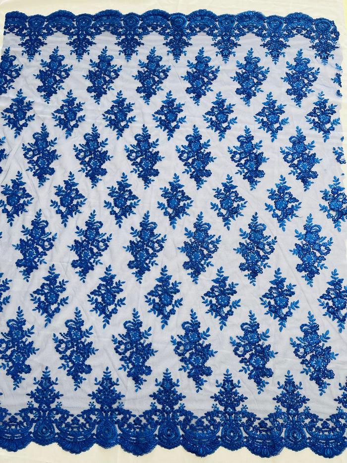 Floral Bridal Lace - Royal Blue - Flower Damask Design Embroidered on Mesh Lace Fabric