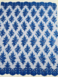 Floral Bridal Lace - Royal Blue - Flower Damask Design Embroidered on Mesh Lace Fabric