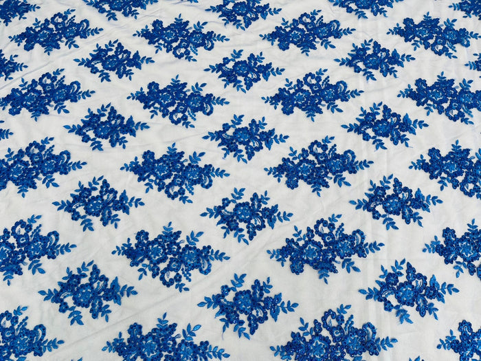 Floral Bridal Lace - Royal Blue - Flower Damask Design Embroidered on Mesh Lace Fabric