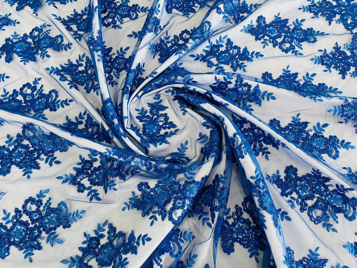 Floral Bridal Lace - Royal Blue - Flower Damask Design Embroidered on Mesh Lace Fabric