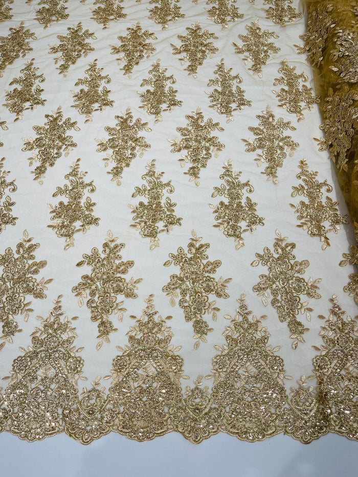 Flower Cluster Fabric - Champagne with Metallic Thread - Floral Sequins Design on Mesh Lace Fabric