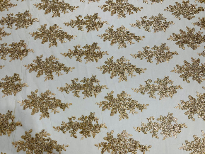 Flower Cluster Fabric - Champagne with Metallic Thread - Floral Sequins Design on Mesh Lace Fabric