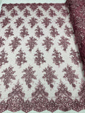Flower Cluster Fabric - Dusty Rose - Embroidered Floral Design With Sequins on Mesh Lace Fabric