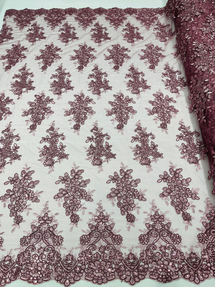 Flower Cluster Fabric - Dusty Rose - Embroidered Floral Design With Sequins on Mesh Lace Fabric