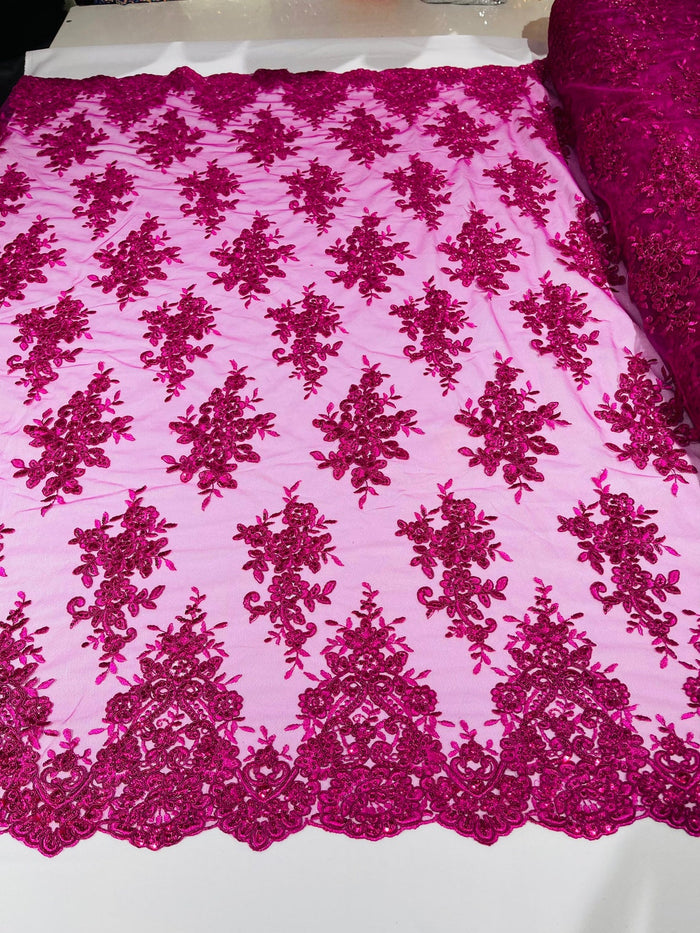 Flower Cluster Fabric - Fuchsia - Embroidered Floral Design With Sequins on Mesh Lace Fabric