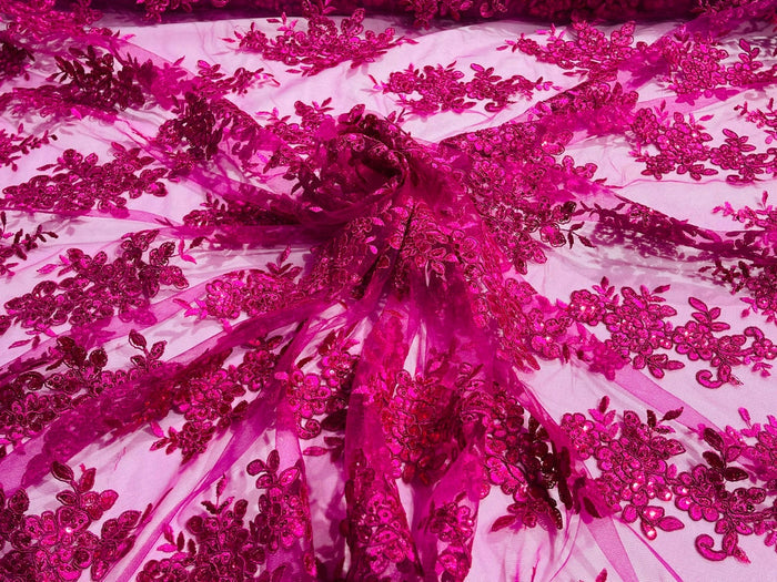 Flower Cluster Fabric - Fuchsia - Embroidered Floral Design With Sequins on Mesh Lace Fabric