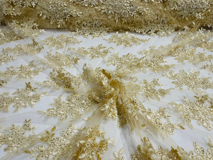 Flower Cluster Fabric - Light Champagne - Embroidered Floral Design With Sequins on Mesh Lace Fabric