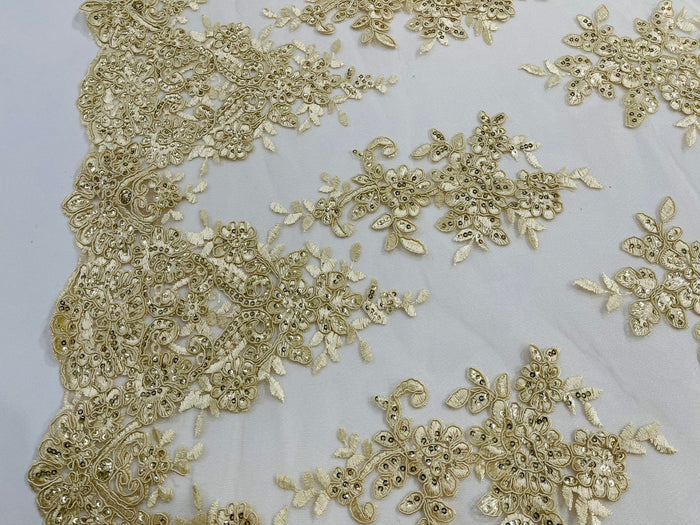 Flower Cluster Fabric - Light Champagne - Embroidered Floral Design With Sequins on Mesh Lace Fabric